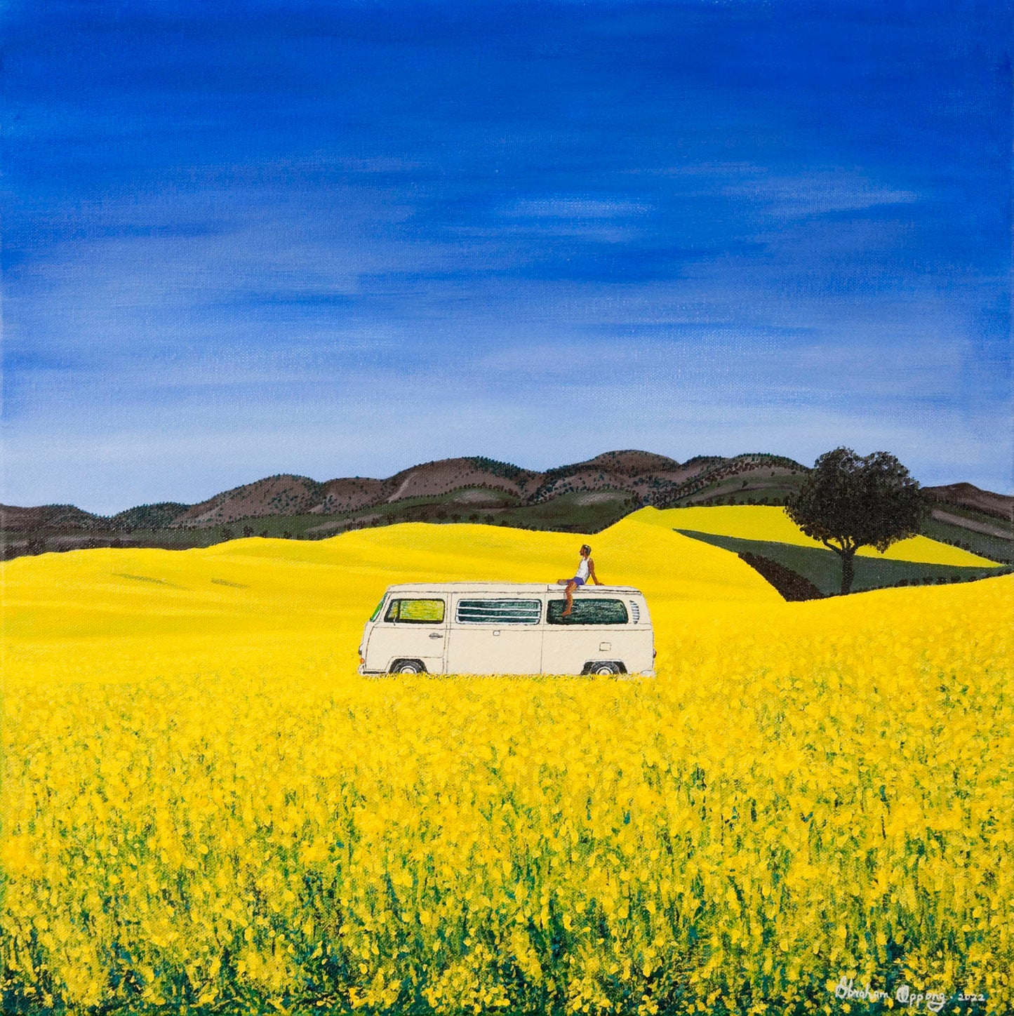Original painting of a man sitting on the roof of a white campervan on a sunny day of blue skies in yellow flower field landscape with trees and hills in the background.