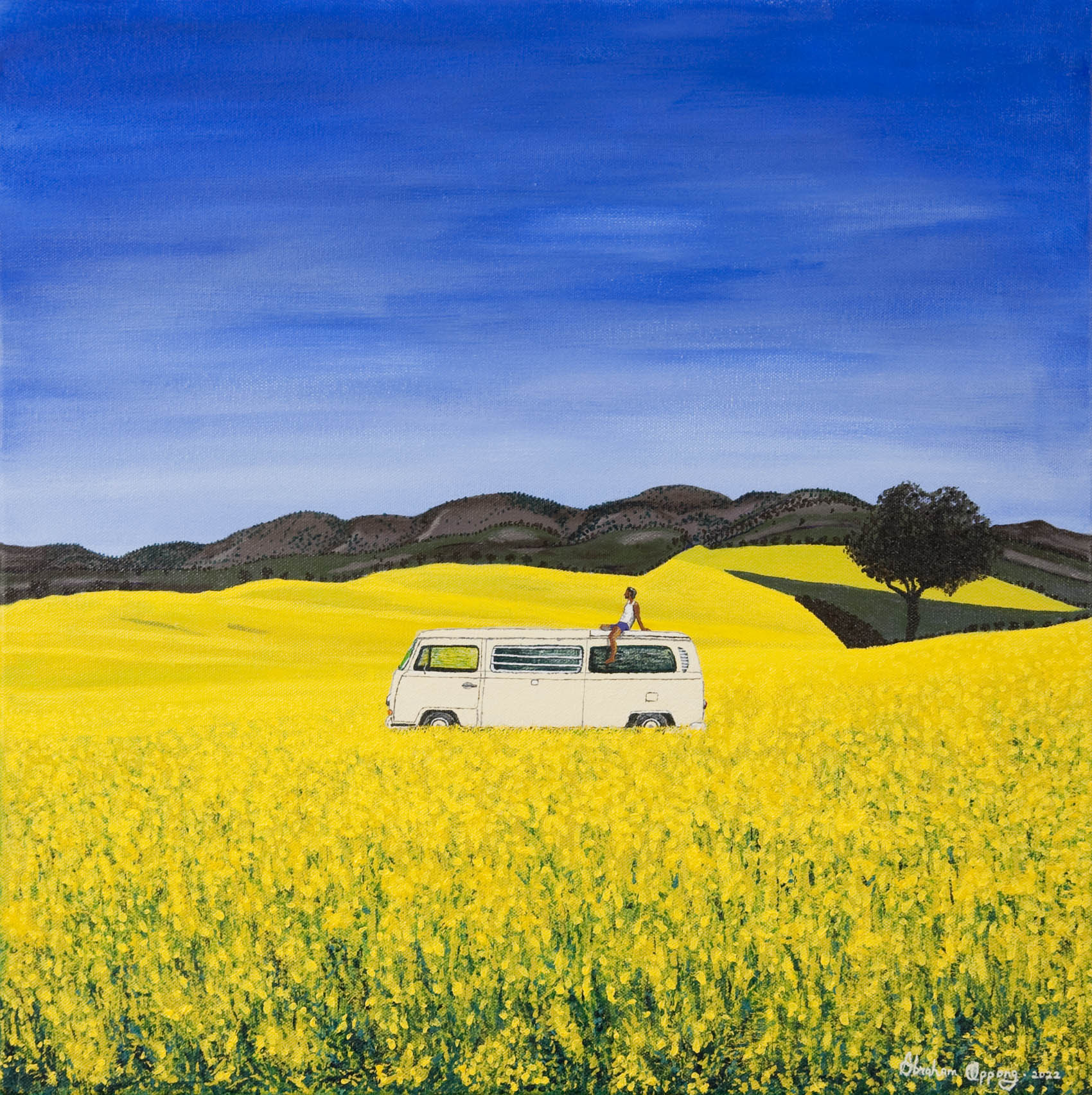 Original painting of a man sitting on the roof of a white campervan on a sunny day of blue skies in yellow flower field landscape with trees and hills in the background.