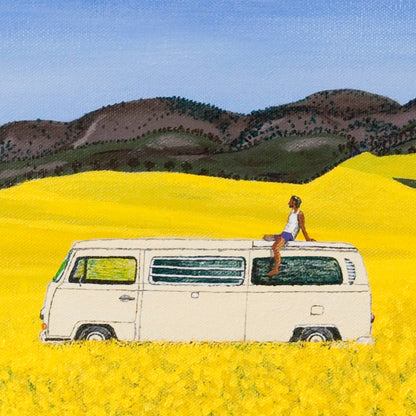 Original painting of a man sitting on the roof of a white campervan on a sunny day of blue skies in yellow flower fields with trees and hills in the background, zoomed into detail of campervan.