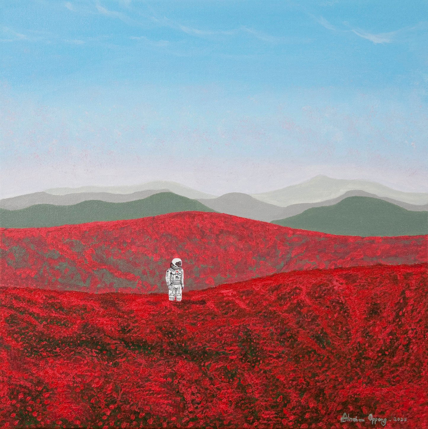 Original semiabstract landscape painting of red fields with an astronaut in white space suit with greenish grey hills in the beyond. Original landscape painting on canvas for the living room. 