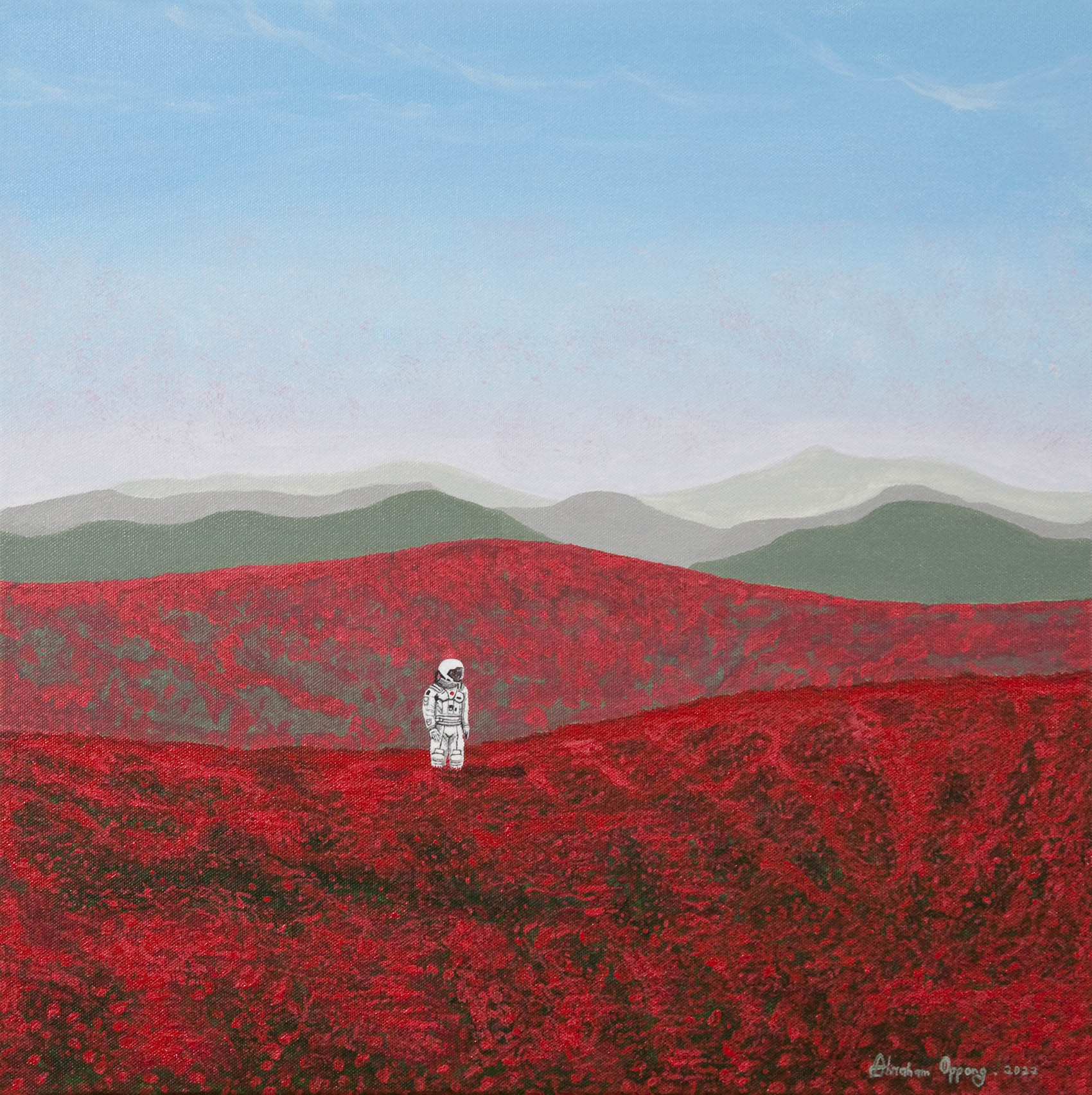 Original semiabstract landscape painting of red fields with an astronaut in white space suit with greenish grey hills in the beyond. Original landscape painting on canvas for the living room. 