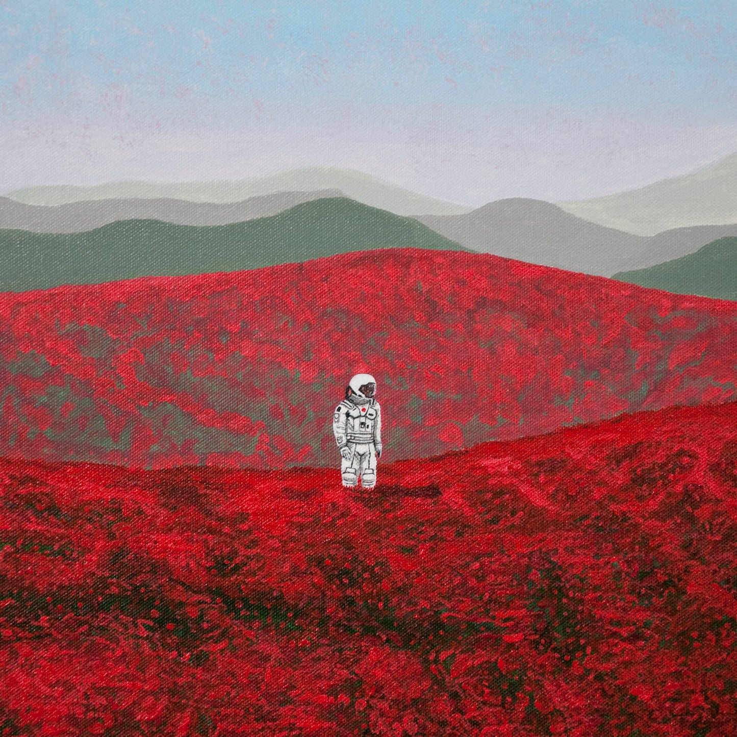Original semiabstract landscape painting of red fields with an astronaut in white space suit with greenish grey hills in the beyond.