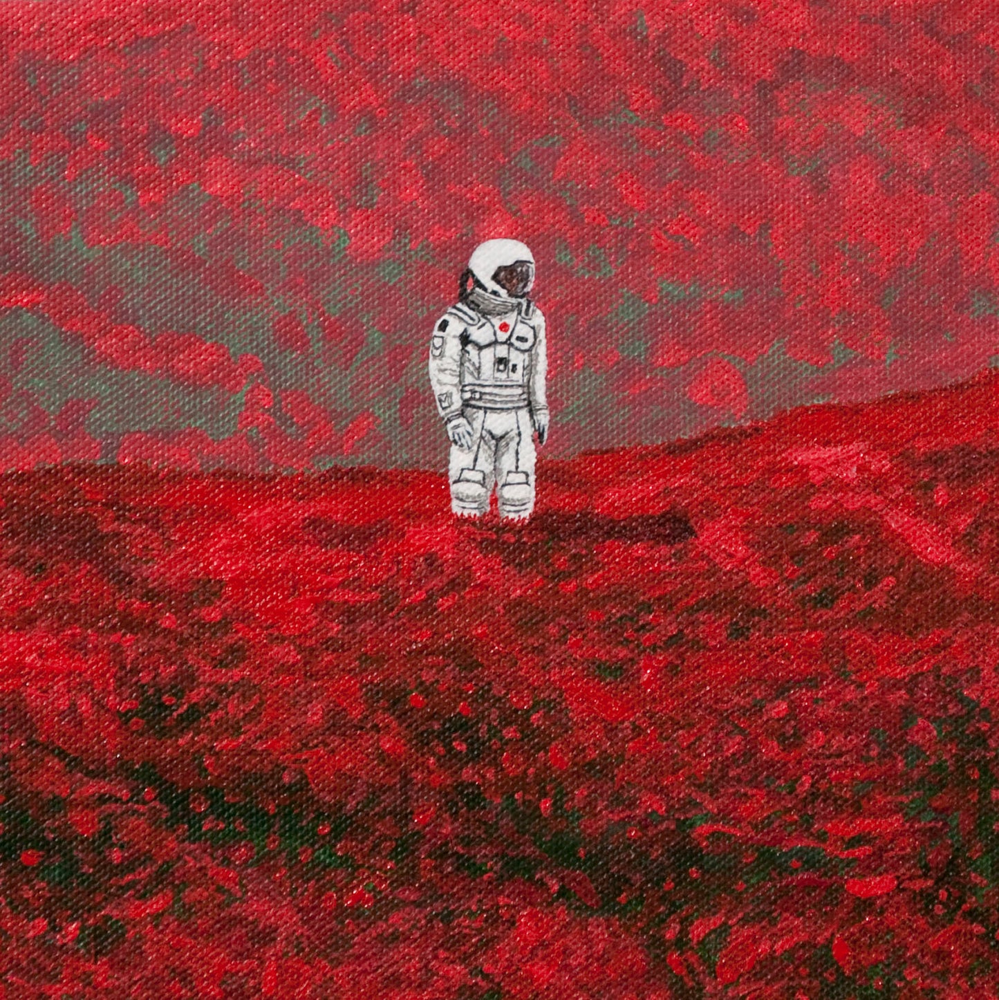 Original semiabstract landscape painting of red fields with an astronaut in white space suit, zoomed in detail.