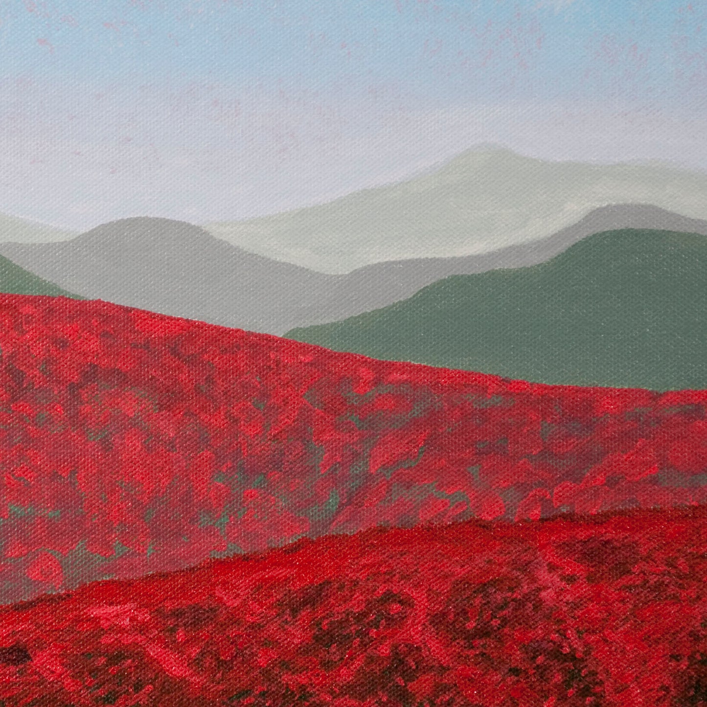 Original semiabstract landscape painting of red fields with an astronaut in white space suit with greenish grey hills in the beyond, zoomed in detail of hills and bluey pink skies. 